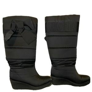 Kate Spade New York Cagney Black Bow Nylon Knee High Wedge Snow Rain Boot SZ 9.5